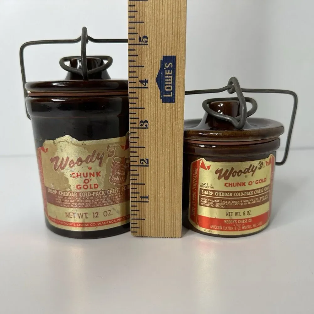 2 Vtg Woodys Chunk O Gold Cheese Crocks Stoneware Brown 12oz 6oz Wire Clamp Lids